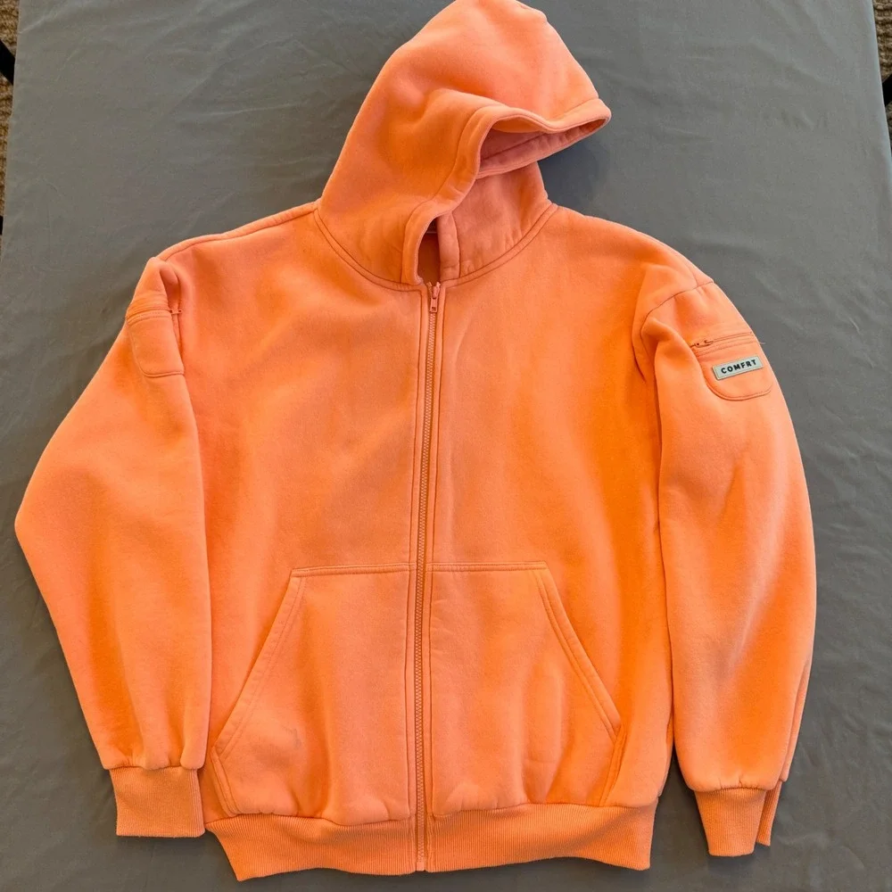 Comfrt Zip‎ Up Hoodie Unisex Medium Orange Streetwear Utility Fleece Jacket